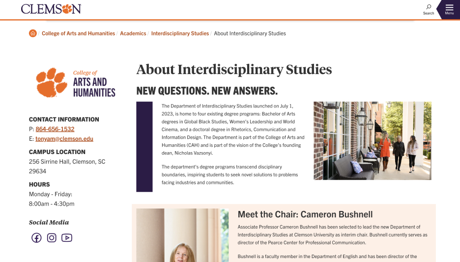 Clemson web page with the contact section shown in the left column.