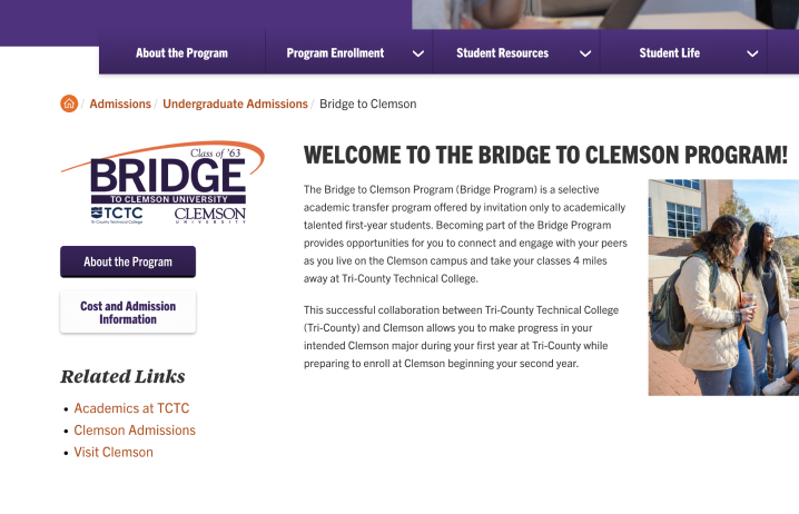 Clemson web page with a related links section shown in the left column.