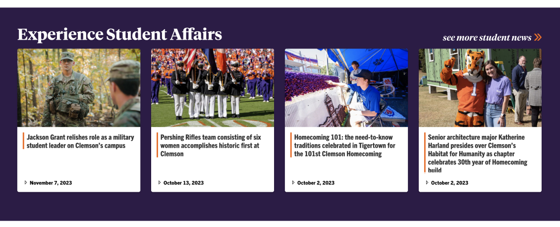 A purple background showing a news feed with four cards containing a featured image, story title, and publish date.