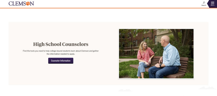 Clemson web page with a single row two-column call to action module. This one has a heading, paragraph, and single purple button on the left and an image of a female student interacting with a male faculty member on a bench just outside an academic building.