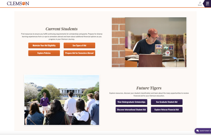 Clemson webpage with two-row example of the two-column call to action. The first row features a heading, paragraph, and four orange buttons with an image of a student working on a laptop on the right. The second row features the opposite layout with similar text elements and purple buttons.