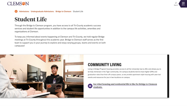 a page from the Clemson website featuring a dark purple and white design element with a fully expanded image to the left