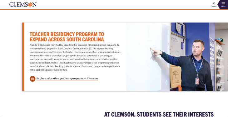 a page from the Clemson website featuring a orange and white design element with a fully expanded image to the right