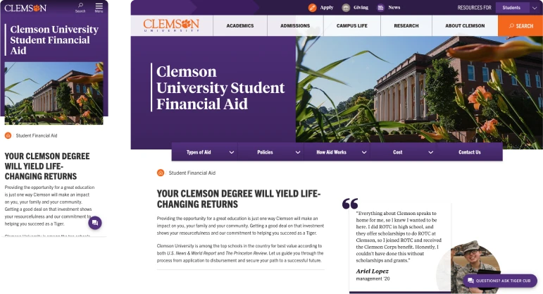 desktop and mobile version of the Clemson University Student Financial Aid homepage.