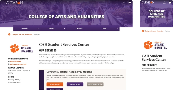 desktop and mobile version of College of Arts and Humanities Student Services Center interior page