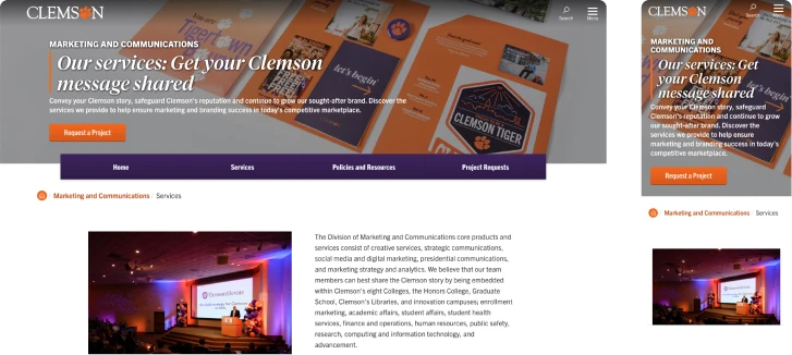 desktop and mobile version of University Marketing and Communications Services interior page with a custom hero banner option.