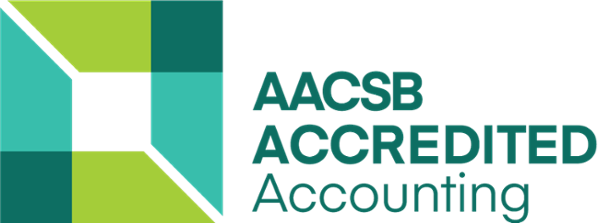 AACSB Accredited Accounting logo featuring a geometric design in green and teal.