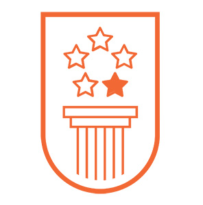 Logo featuring a central column with a star and five surrounding stars, designed in a simple orange outline style.