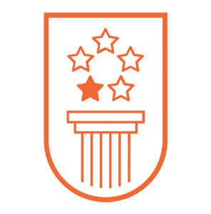 Orange outline logo featuring five stars above a column, symbolizing achievement and heritage.