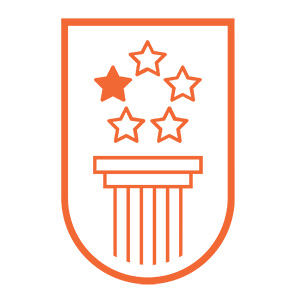 Logo featuring a stylized shield with a column and five stars in a circular arrangement.