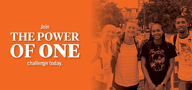 Group of diverse students enjoying campus with the phrase "Join the Power of One challenge today."