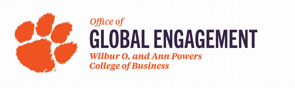 Logo for the Office of Global Engagement at the Wilbur O. and Ann Powers College of Business, featuring an orange paw print and bold text.