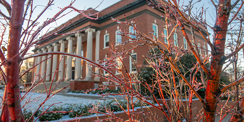 sikes hall on a snowy day