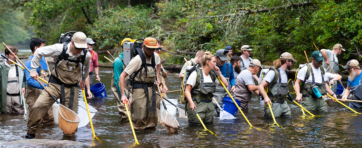 students cleaning up a lake