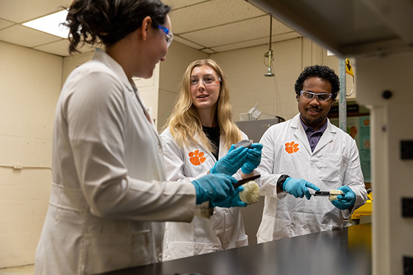 students in a lab holding samples