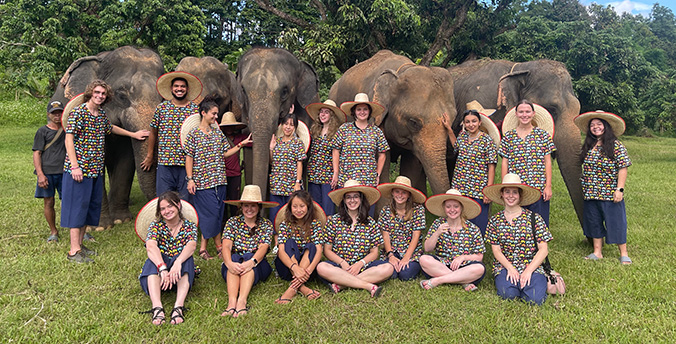 students taking a picture with a herd of elephants