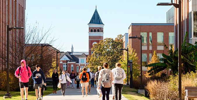 students walking through Clemson University