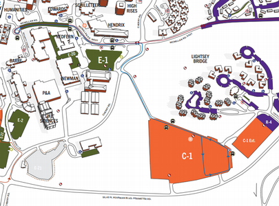 Blue route from commuter lot C-1 to Academic Success Center following Zeta Theta St to Cherry Rd to McMillan Rd.