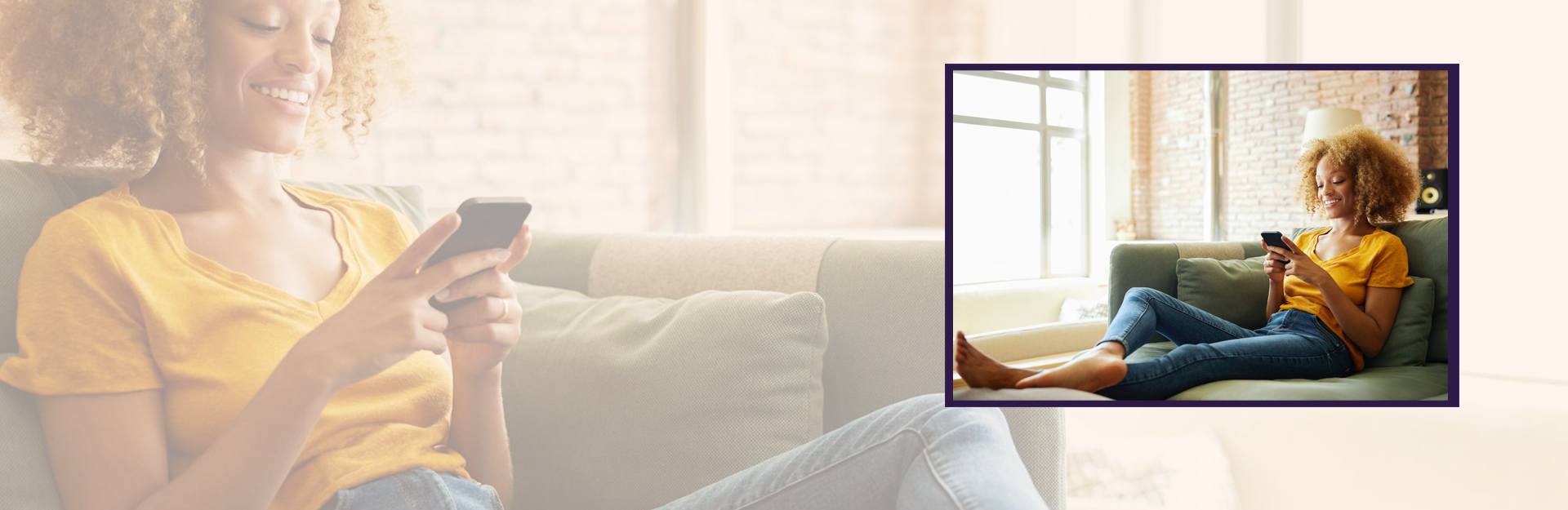 Person looking at a mobile phone laying on a couch