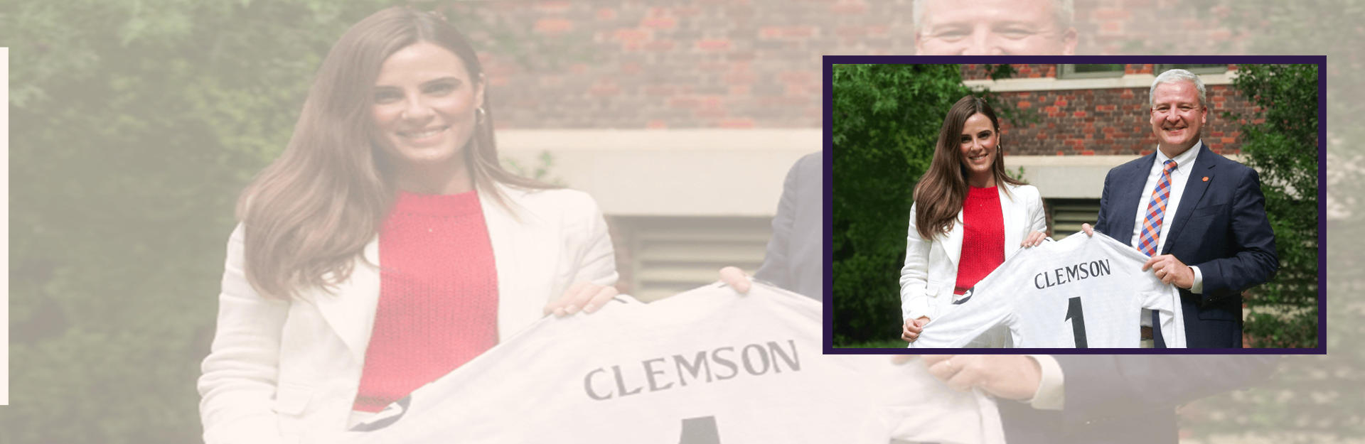 Two people holding up a clemson jersey