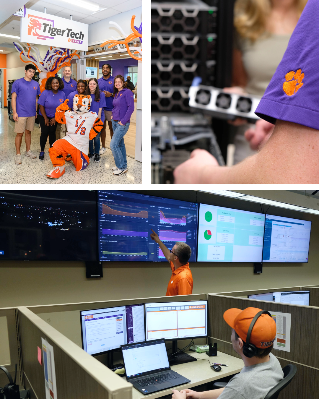 Collage featuring the Tiger Tech Shop grand opening, the tier one support center employees and an employee with a tiger paw on their sleeve working on a server rack.