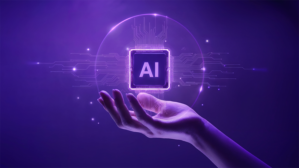 graphical technology image with hand holding the letters AI