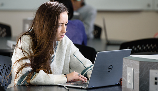 Student typing on a laptop in a classroom.