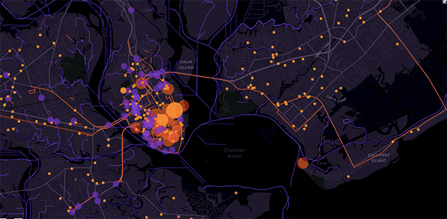 Map of Charleston, SC with orange and purple data point at various locations.