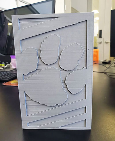 Small gray box with Clemson Tiger Paw symbol 3D printed on side.