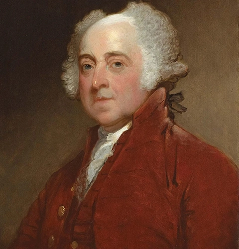 Portrait of John Adams, the second President of the United States, featuring his characteristic white hair and wearing a red coat.