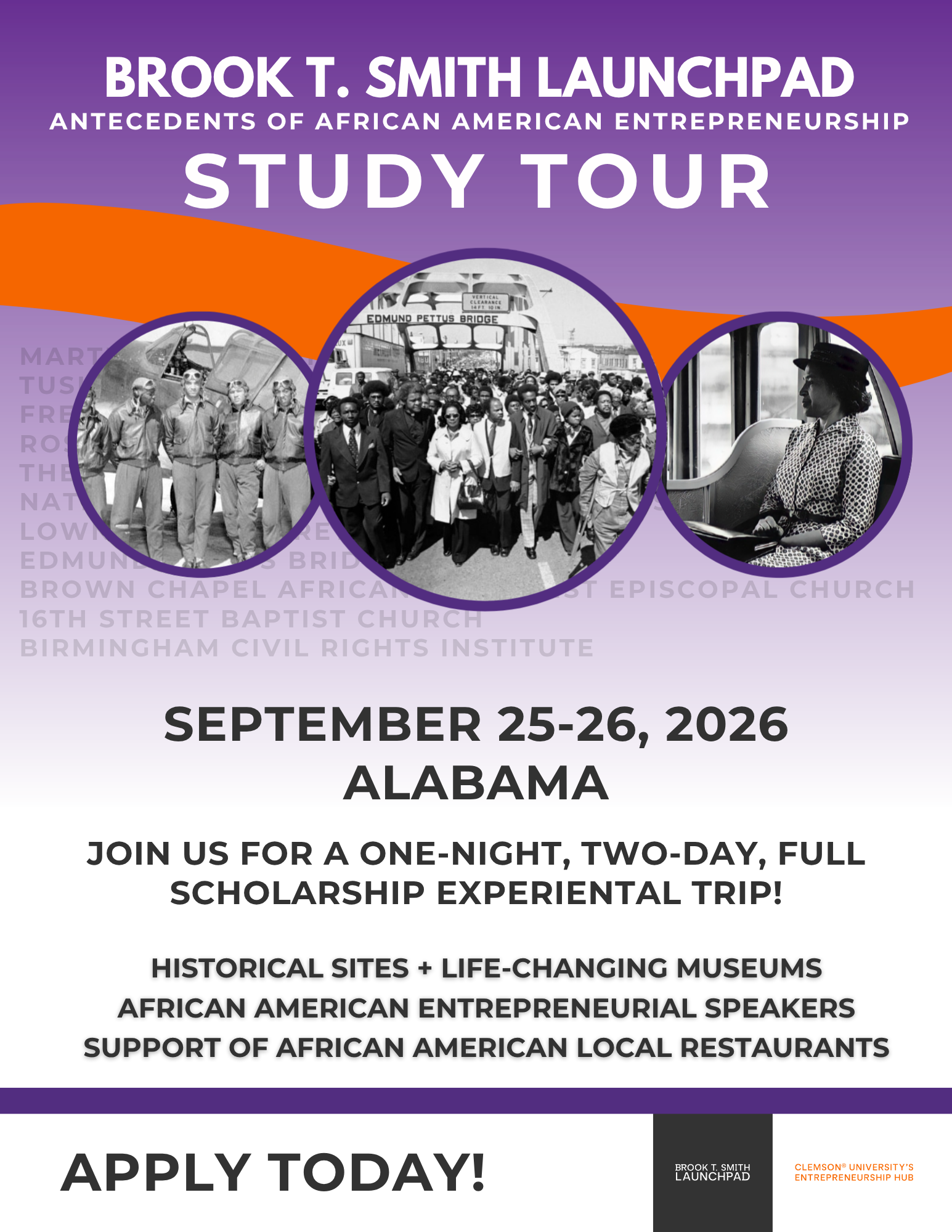Flyer for the Brook T. Smith Launchpad “Study Tour” in Alabama, September 25–26, 2026, featuring historic civil rights photos and scholarship trip details.