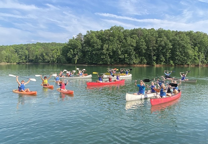 Kids at the Clemson University Outdoor Lab on Lake Hartwell in Kayaks