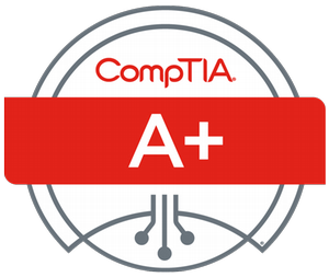 CompTIA A+ certification logo featuring a red banner with "A+" text and stylized circuit design.