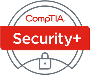 CompTIA Security+ certification logo featuring a red badge with a padlock symbol, indicating a focus on cybersecurity skills.