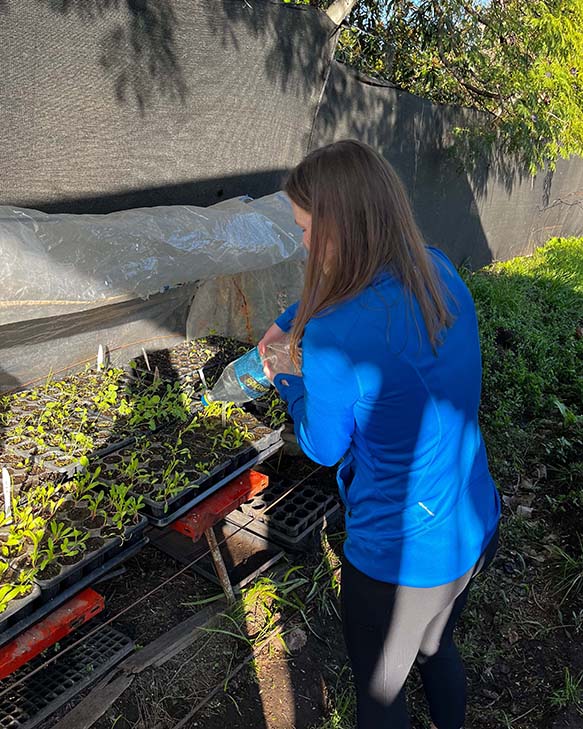 Madeline Wolfe watering a garden