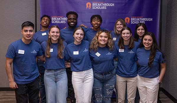 Breakthrough Scholars posing together at a Scholarship Recruitment Weekend event. 