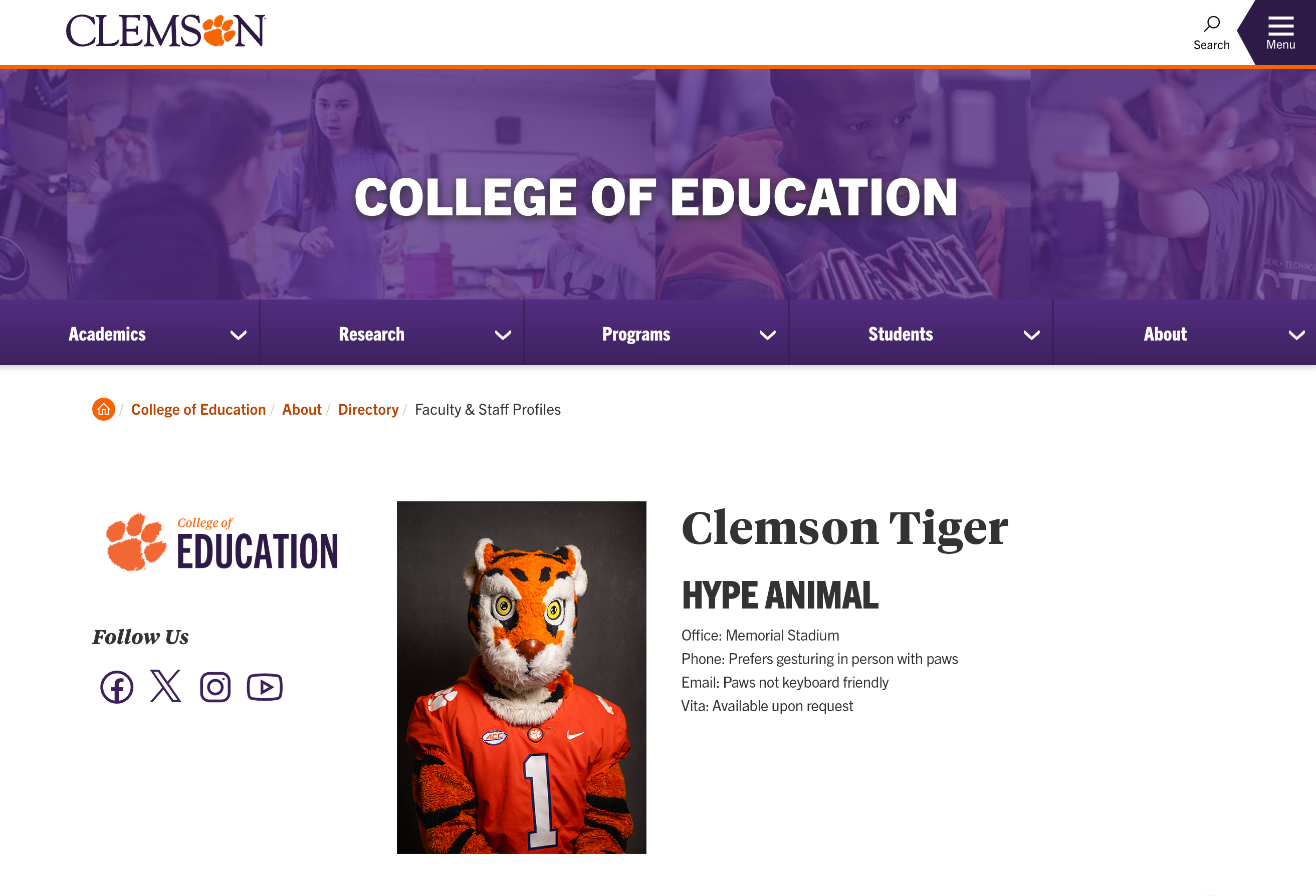 Clemson University's College of Education webpage featuring the Clemson Tiger mascot as the Hype Animal, with contact information outlined.