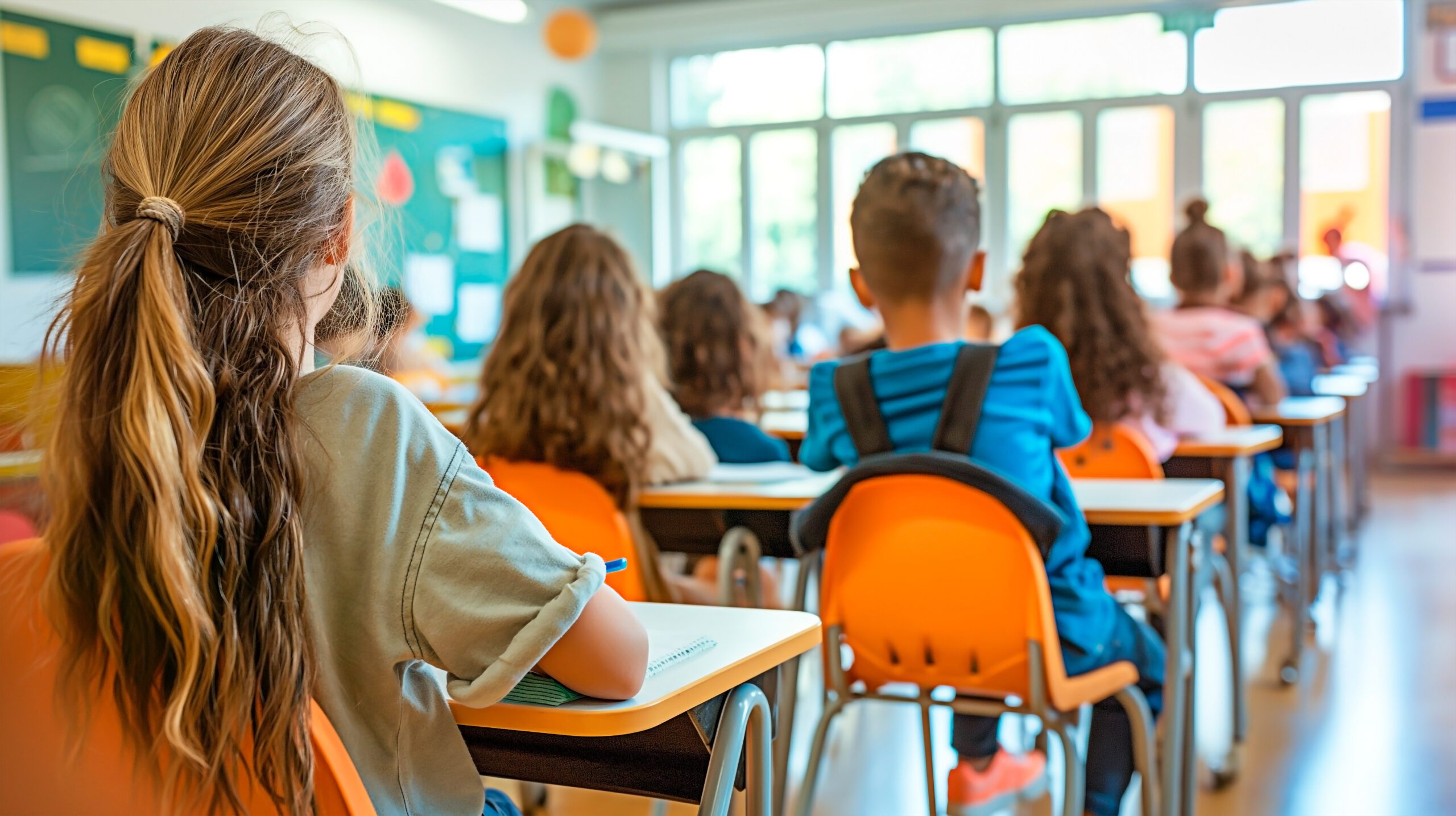 A bright and lively classroom filled with elementary-aged students sitting at orange chairs and wooden desks. The focus is on a girl with long, wavy hair in a ponytail, facing the front of the class. The classroom is well-lit with sunlight streaming through large windows, and colorful decorations are visible in the background.