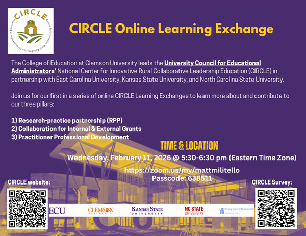 CIRCLE Online Learning Exchange promotional flyer highlighting the collaboration between various universities and focusing on partnership, collaboration, and professional development.