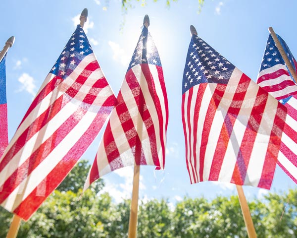 American flags in the sun.