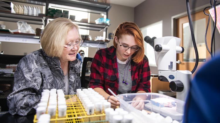 Trudy Mckay and a student example samples in test tubes in a CHG Lab