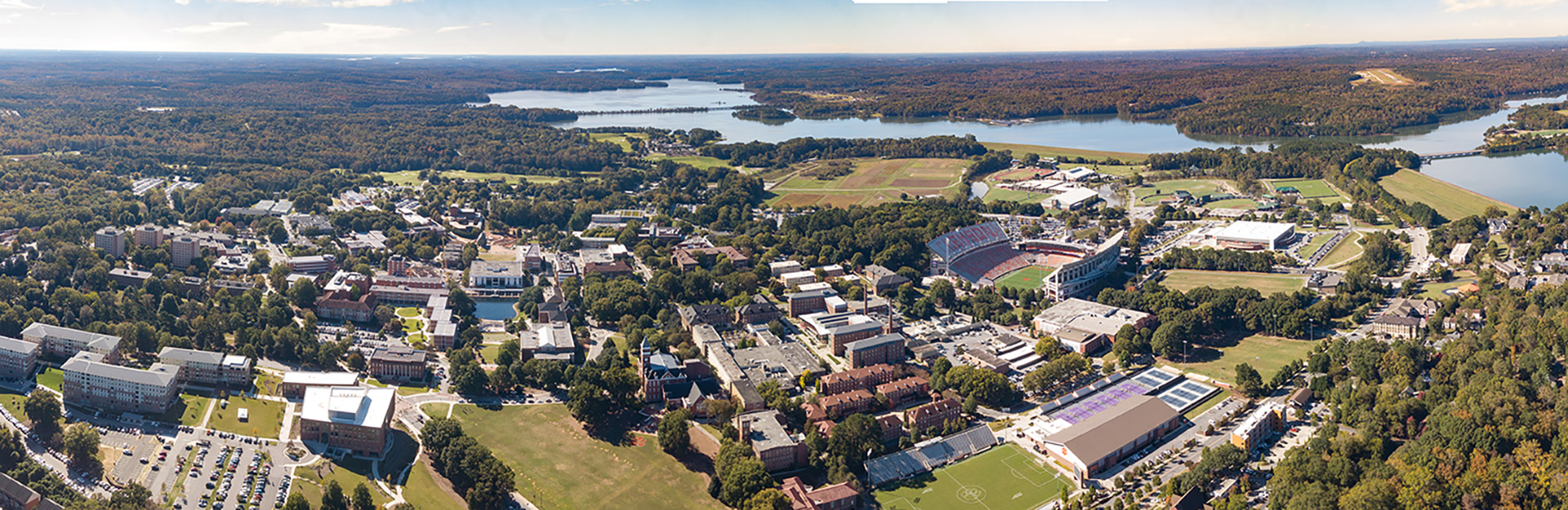 A panoramic photo of the Clemson main campus.