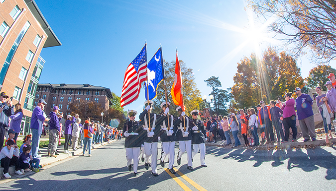 Members of Clemson University's ROTC honor guard the Pershing Rifles conduct a changing of the guard ceremony at the Scroll of Honor as part of Military Appreciation Week, Nov. 12, 2021.