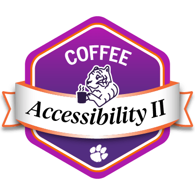 Sample purple COFFEE Accessibility badge featuring a tiger drinking coffee.