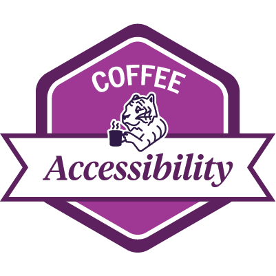 Sample purple COFFEE Accessibility badge featuring a tiger drinking coffee.