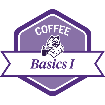 Sample light purple COFFEE Basics 1 badge featuring a tiger drinking coffee.
