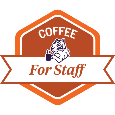 Sample dark orange COFFEE for staff badge featuring a tiger drinking coffee.