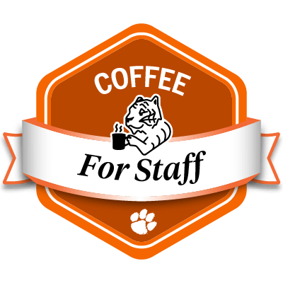 Sample dark orange COFFEE for staff badge featuring a tiger drinking coffee.