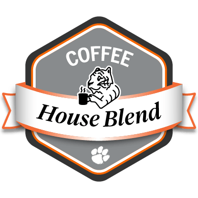 Sample gray COFFEE House Blend badge featuring a tiger drinking coffee.