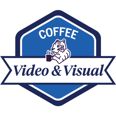 Sample blue COFFEE Video and Visual badge featuring a tiger drinking coffee.
